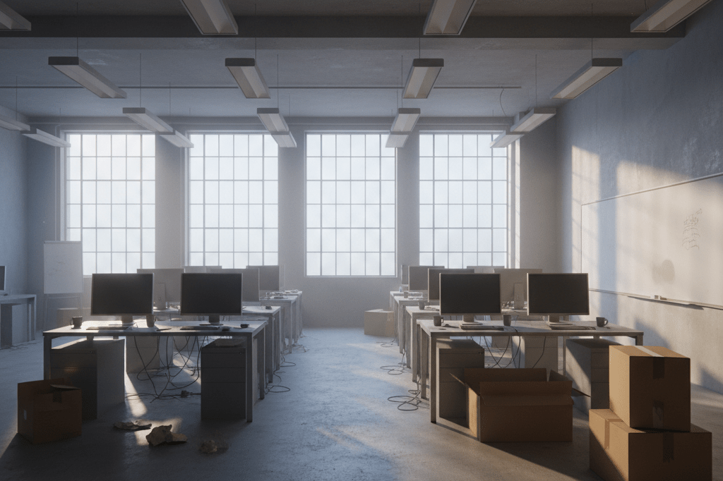 Deserted office space with desks, monitors, and moving boxes under ambient light, reflecting operational changes in gaming