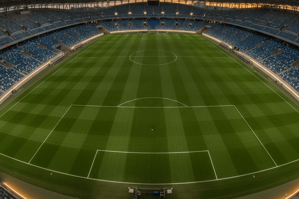 Wide shot of an empty stadium field showcasing detailed turf design and surrounding infrastructure under natural and ambient lighting