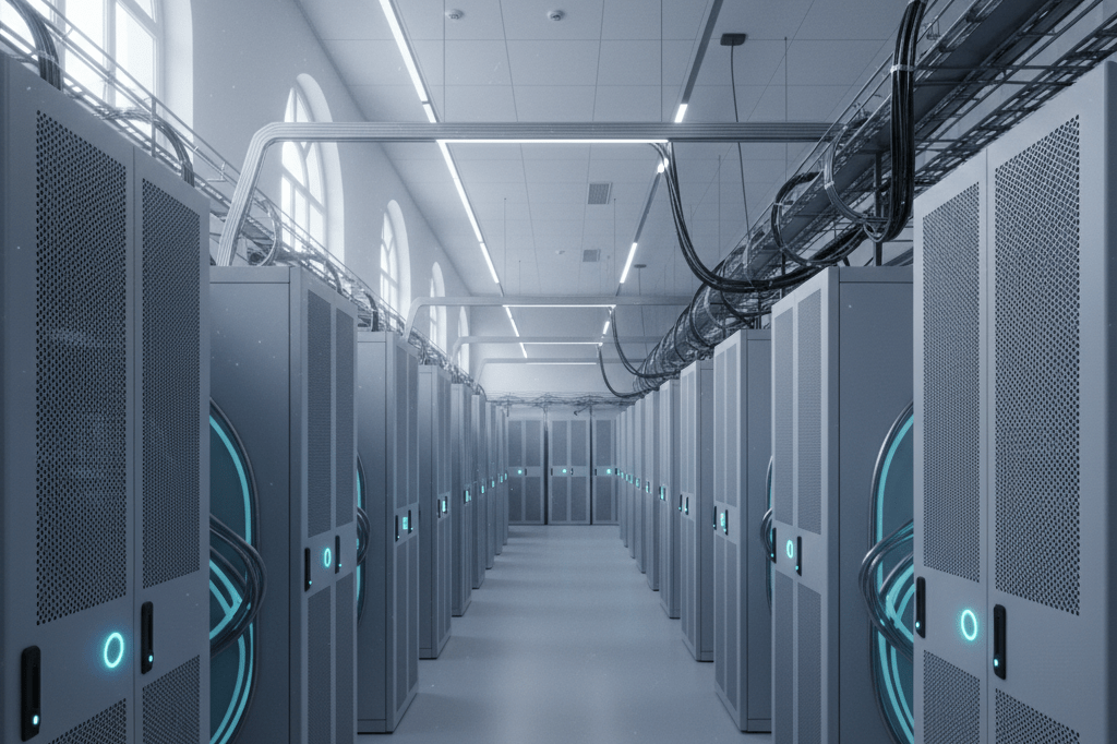 Wide shot of sleek server racks in a modern data center under natural light, symbolizing AI-driven technological growth