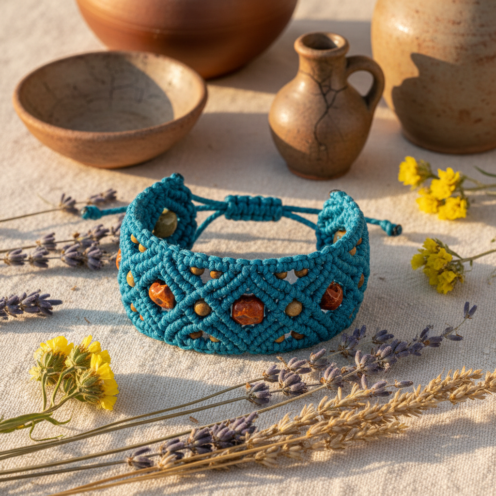 Handwoven blue hemp macrame bracelet with ceramic beads on linen cloth.