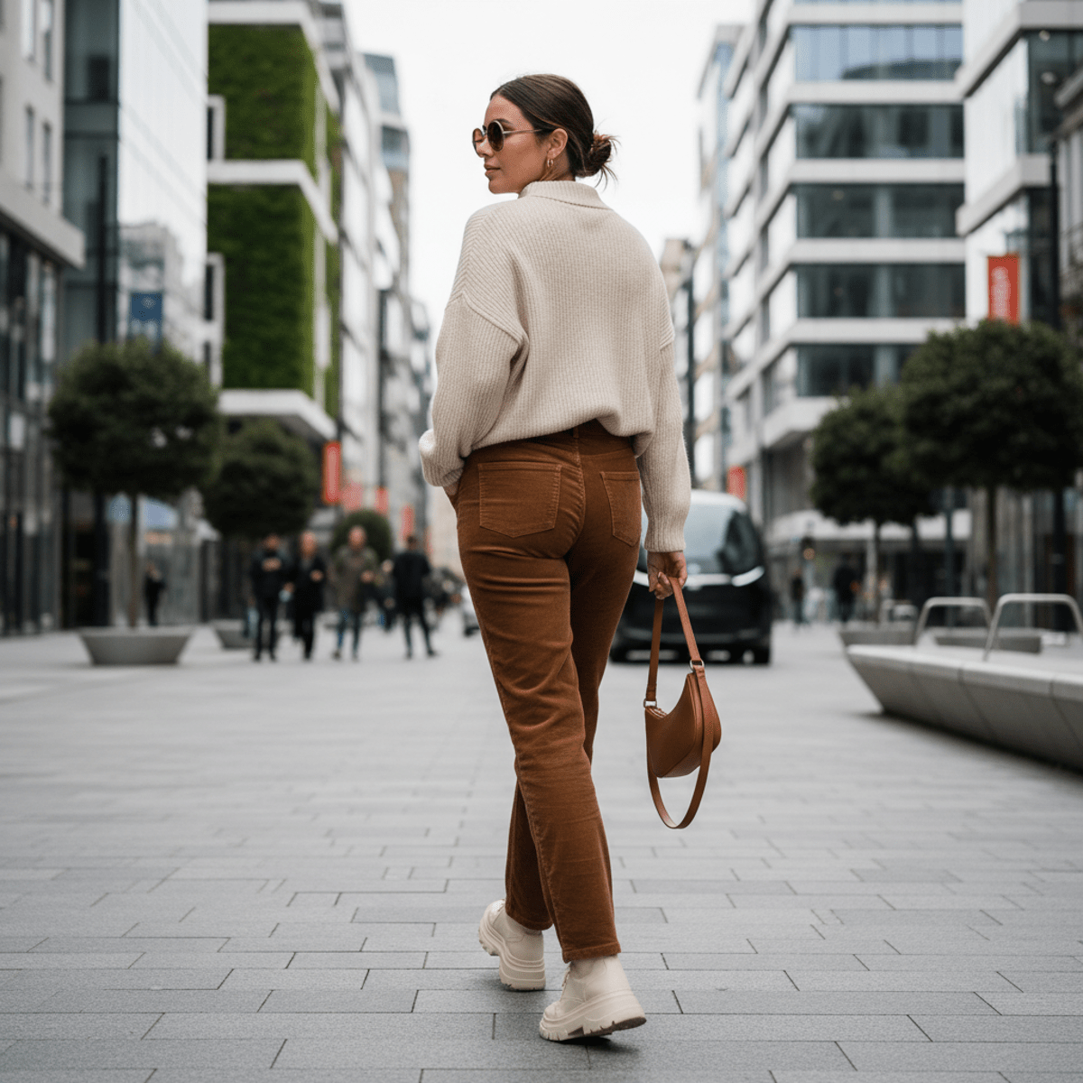 Woman wearing warm chocolate brown corduroy pants with patch pockets and sneakers outdoors.