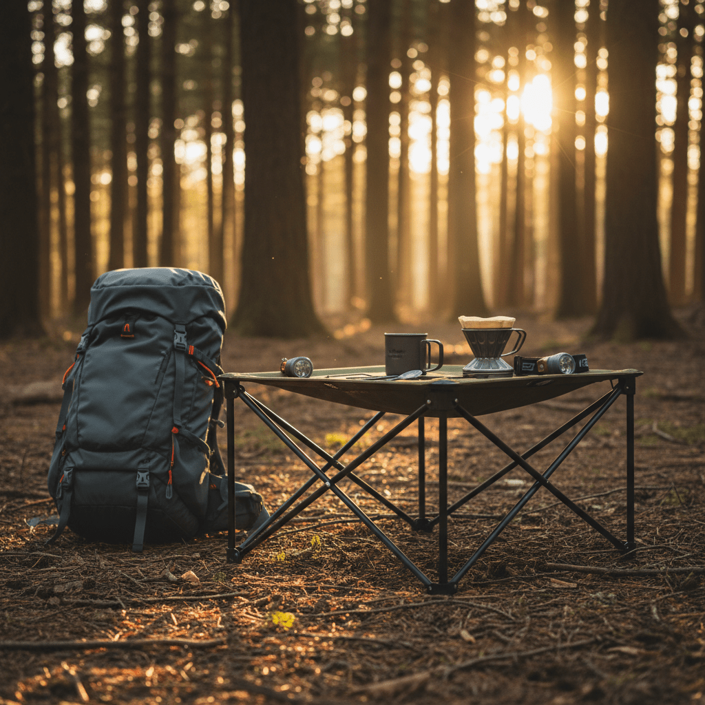 Ultra-light folding table deployed in a forest clearing at dusk with camping gear.