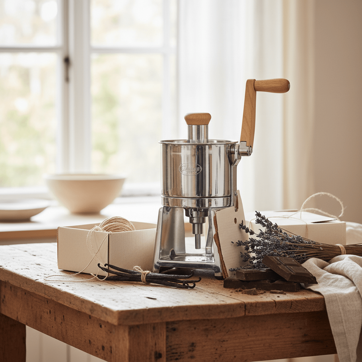 Hand-crank ice cream maker with vanilla, lavender, and chocolate for homemade treats.