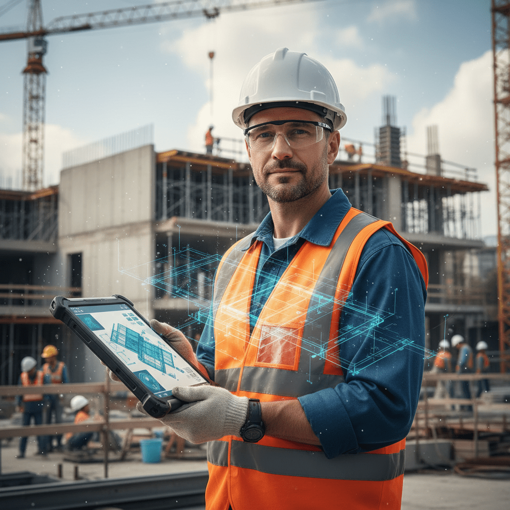 Architect uses AR tablet on a busy construction site, viewing 3D models.
