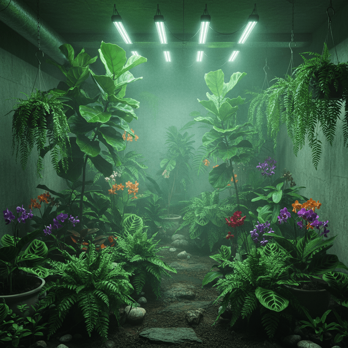 Lush tropical greenhouse in a basement with vibrant rainforest plants and gentle mist.