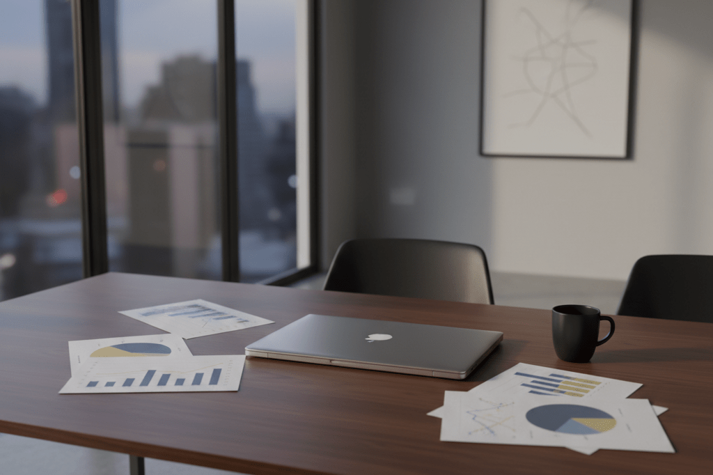 Empty desk with laptop, generic charts, and coffee cup under natural light, representing effects of restricted data access