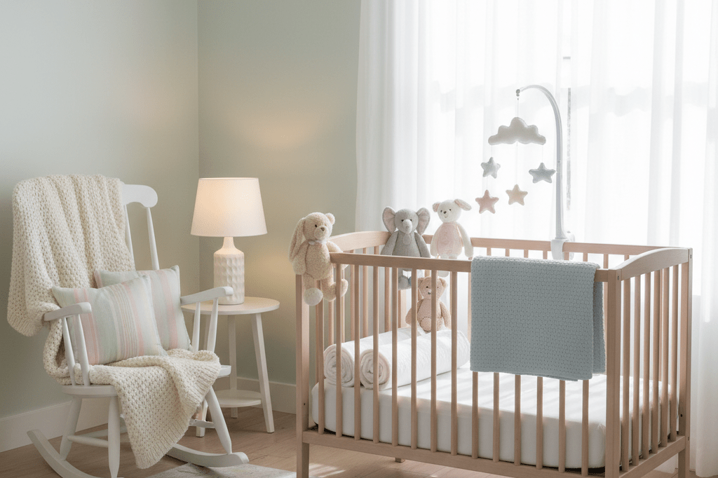 Softly lit baby nursery with wooden crib, stuffed animals, and cozy blanket, evoking warmth and readiness for a new arrival