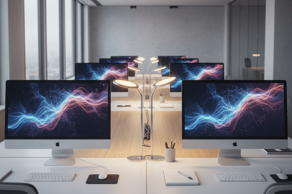 Workspace reflecting accelerated cultural adaptation in the digital age Modern office setup with data visuals on screens under natural light, symbolizing fast-paced cultural evolution driven by technology