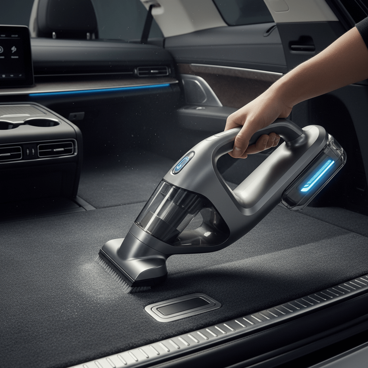 Lightweight handheld cleaner in action inside SUV cargo Handheld carpet cleaner refreshing SUV cargo area floor with textured grip.