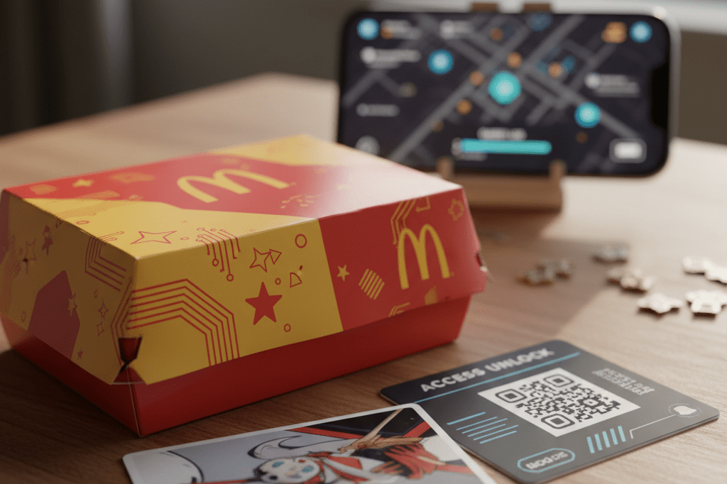McDonald’s meal box with photocard and QR access card under natural light, hinting at interactive promotion