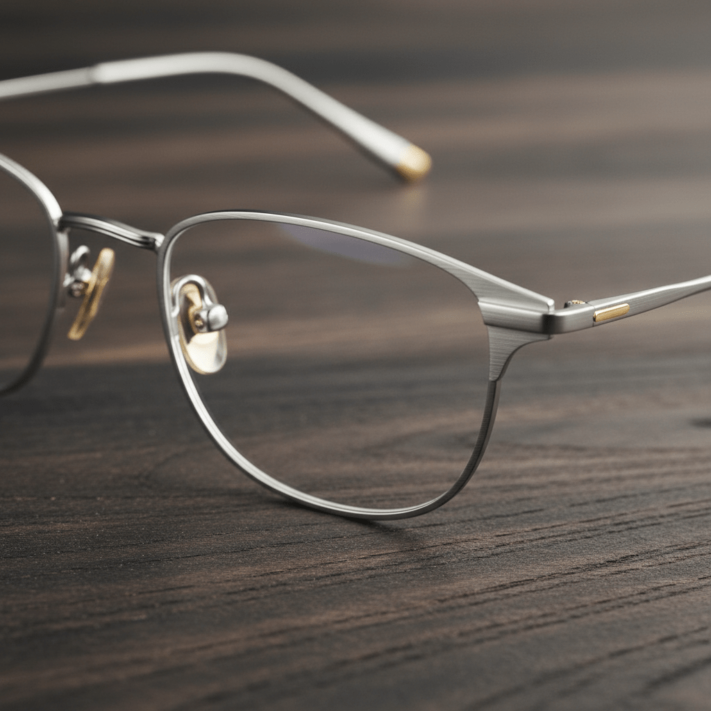 Close-up of panto-shaped titanium wireframe glasses in brushed silver on wood.