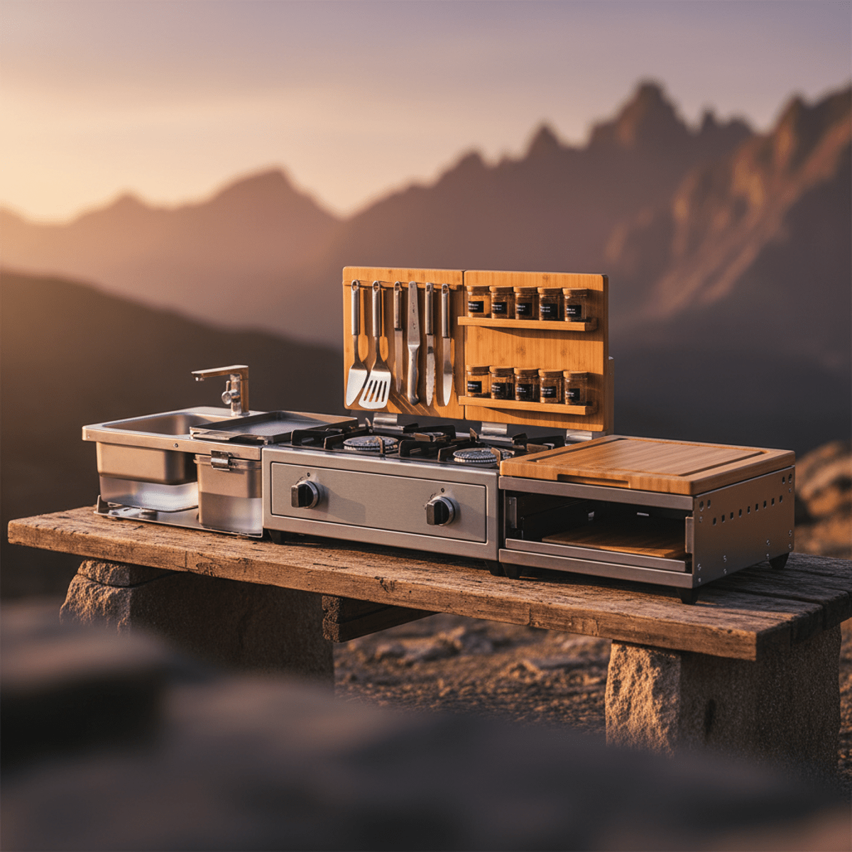 Modular outdoor kitchen with a 2 burner stove, griddle, sink, and cutting board.