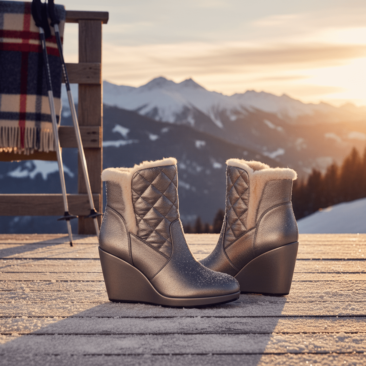 Luxurious fur-lined wedge boots at alpine sunset Fur-lined wedge boots with metallic finish on snowy deck at sunset.