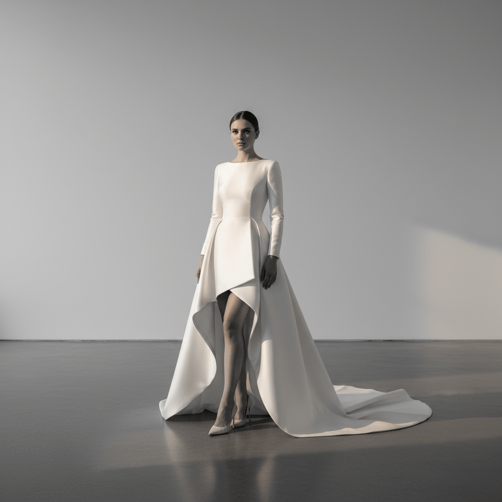 Bride in avant-garde high-low Mikado silk wedding dress in minimalist gallery.