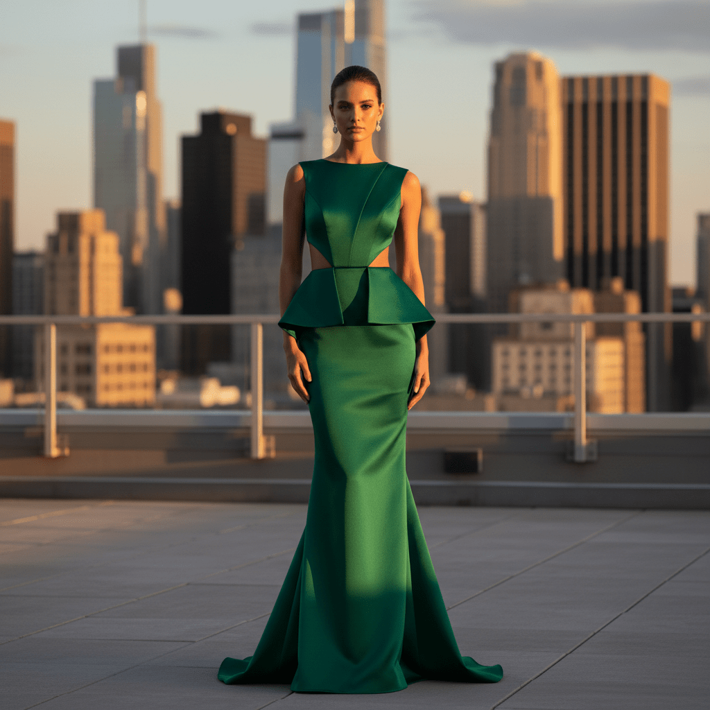 Bold emerald mikado silk prom dress with sculptural lines on a city rooftop.