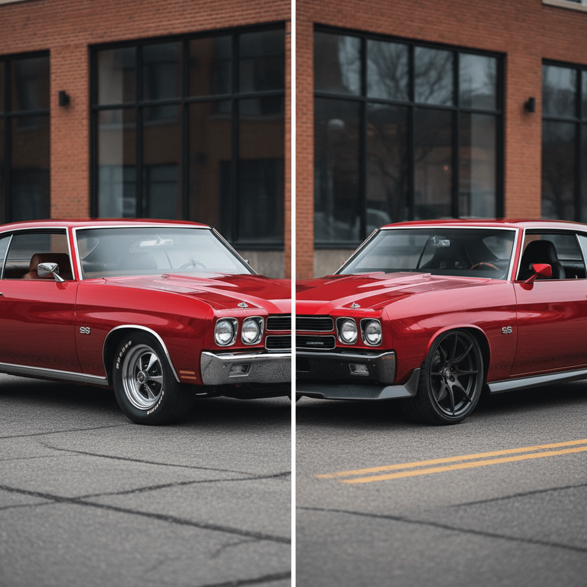 Vintage 1970s car and 2026 restomod counterpart in candy red metallic.
