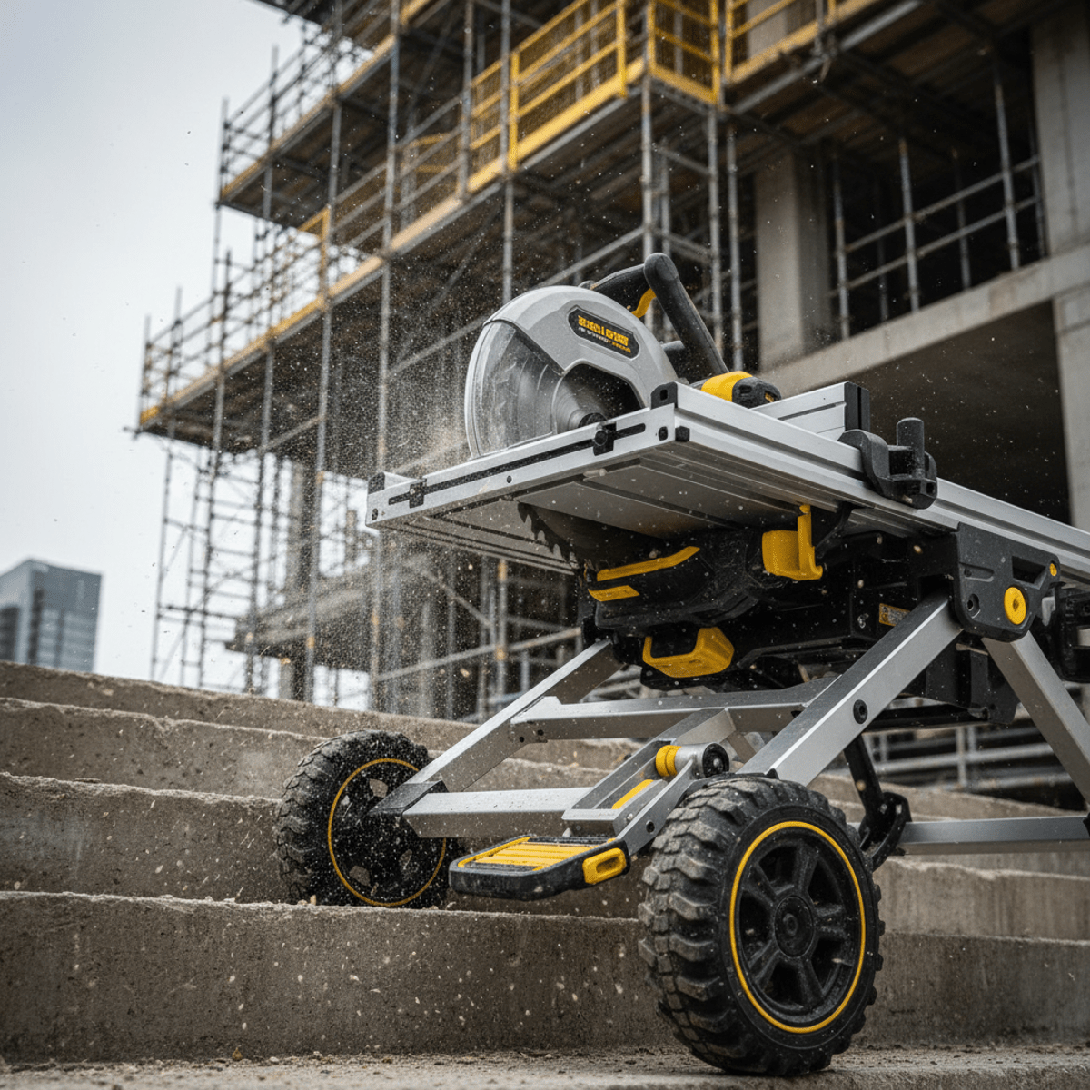Cordless table saw on rolling stand climbing concrete stairs at construction site.