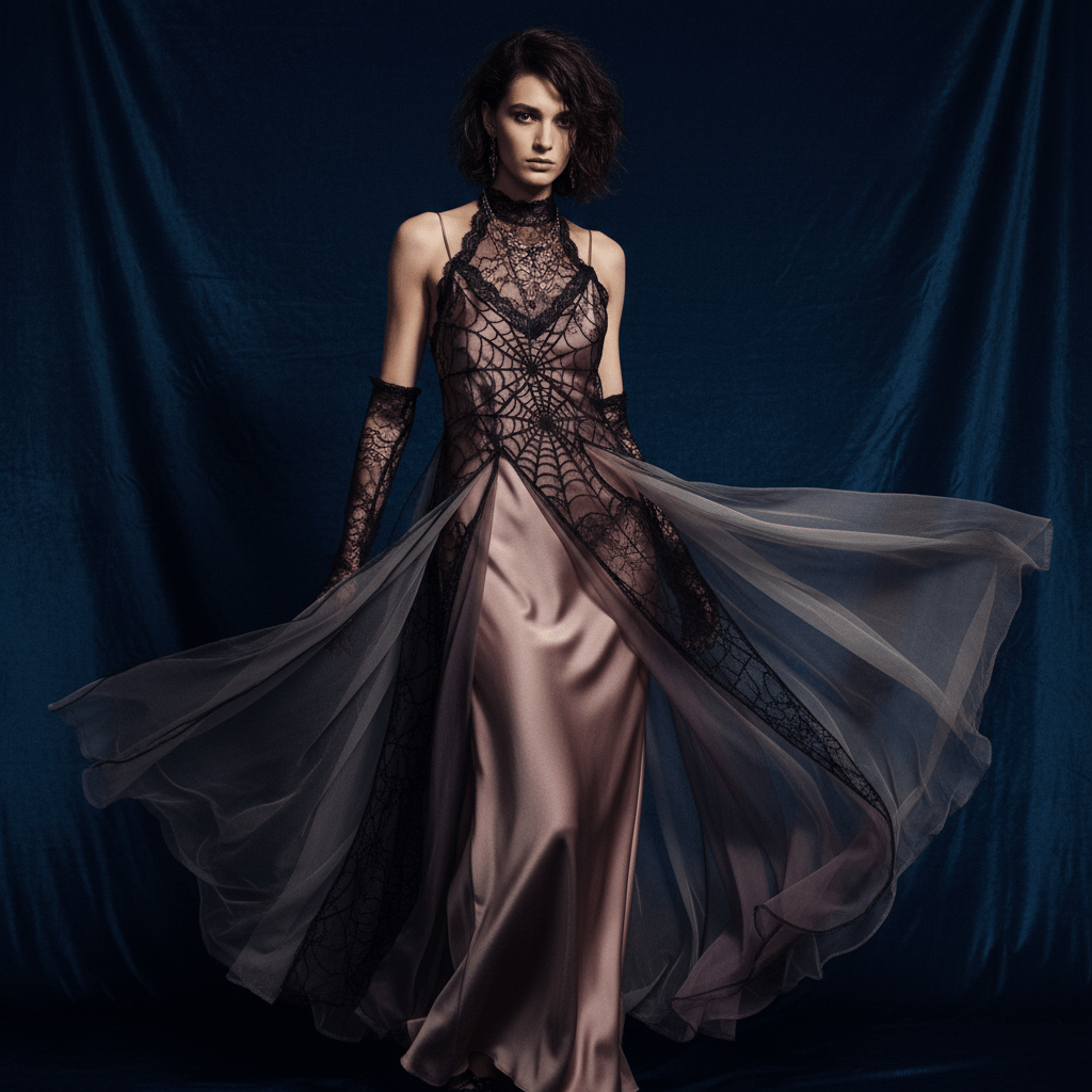 Model in smoky gray chiffon and plum organza slip dress with spiderweb lace overlays.