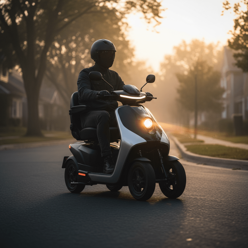 Modern mobility scooter at golden hour sunlight Modern mobility scooter in motion on a suburban street at golden hour.