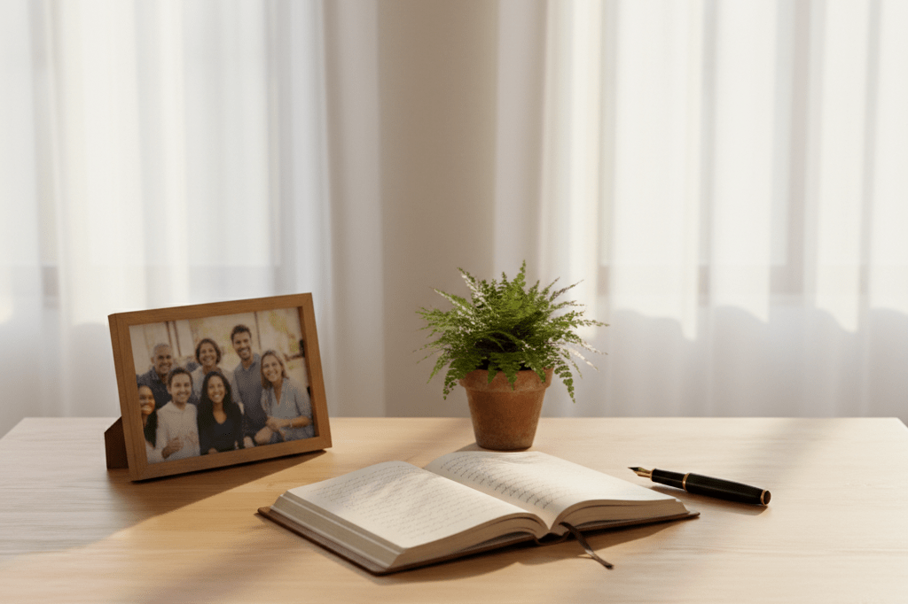 Elegant wooden table with journal, pen, and framed blurred photo under soft natural light, representing legacy and emotional connection