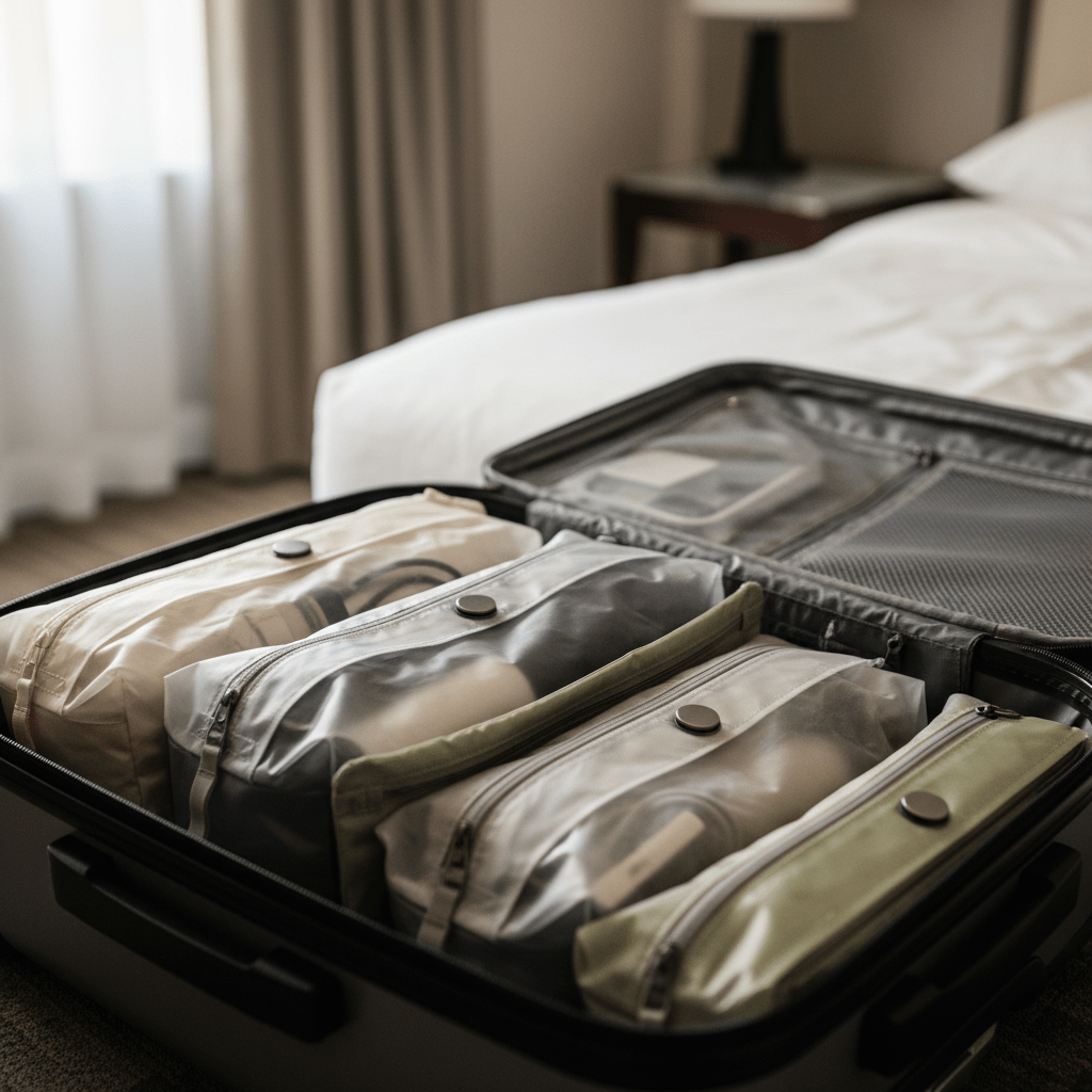 Semi-transparent dyneema travel organizers with visible closures inside a carry-on bag.