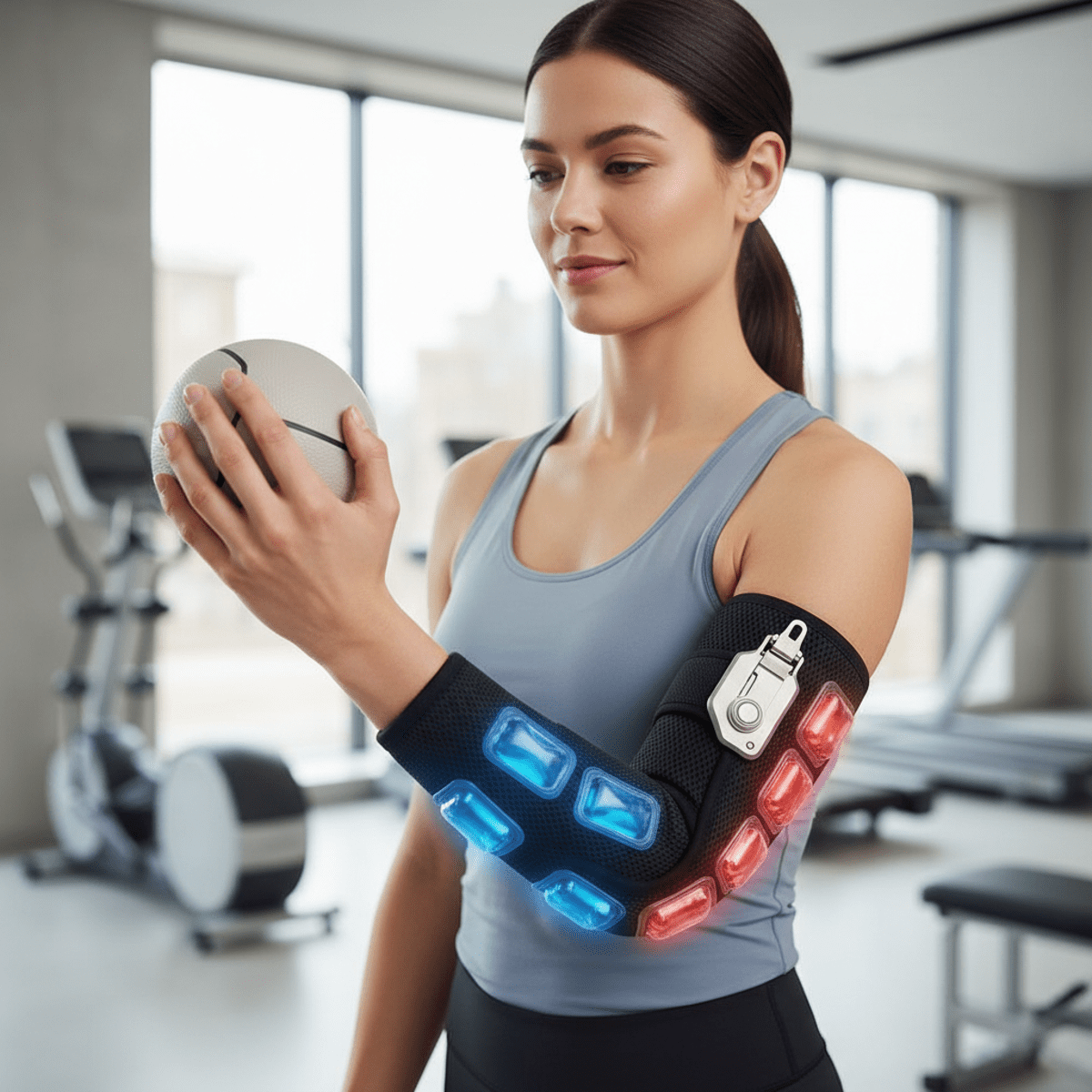 Patient using an innovative dual-function elbow brace with color-coded therapy zones.