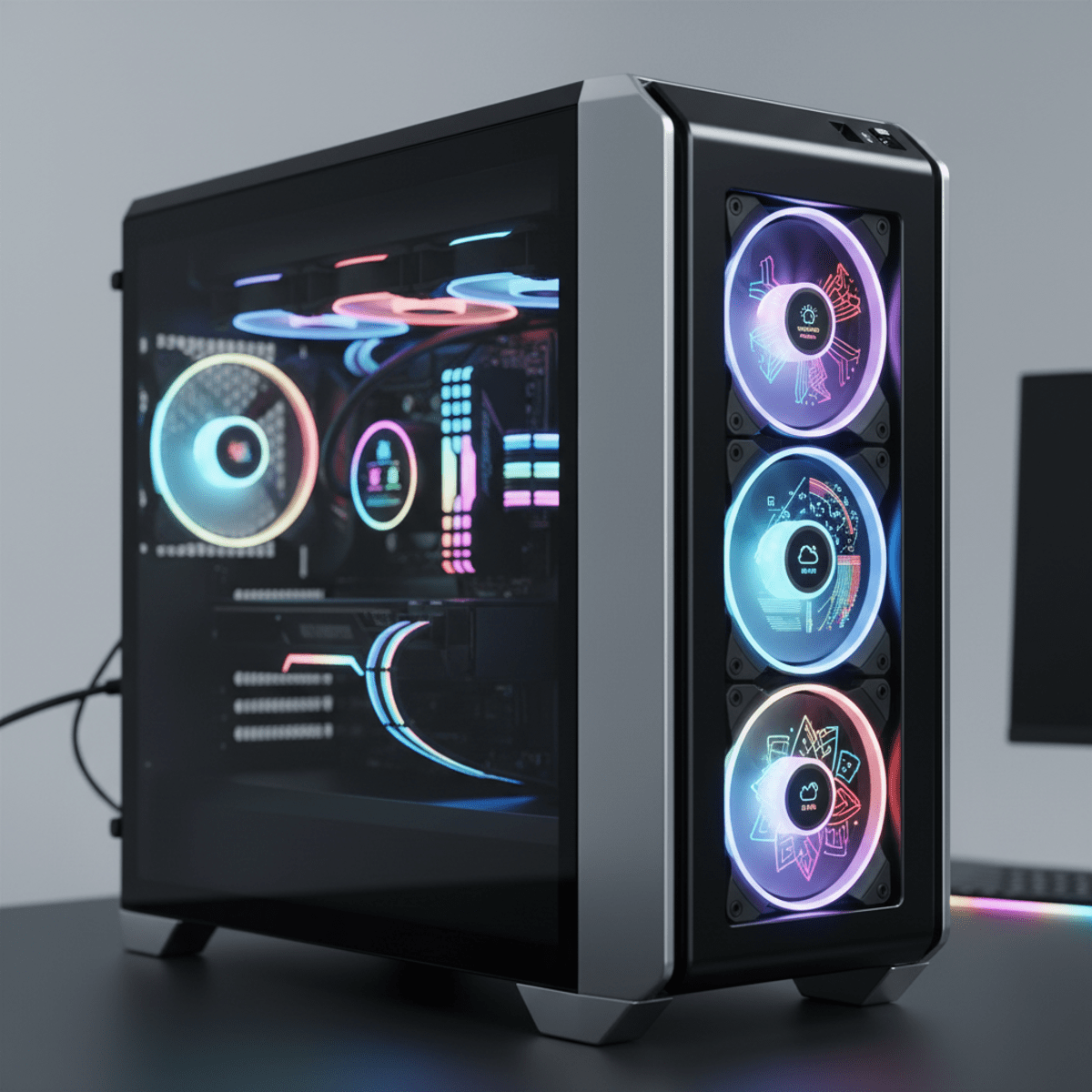 Futuristic PC case with transparent glass, showing OLED fans displaying animated graphs.