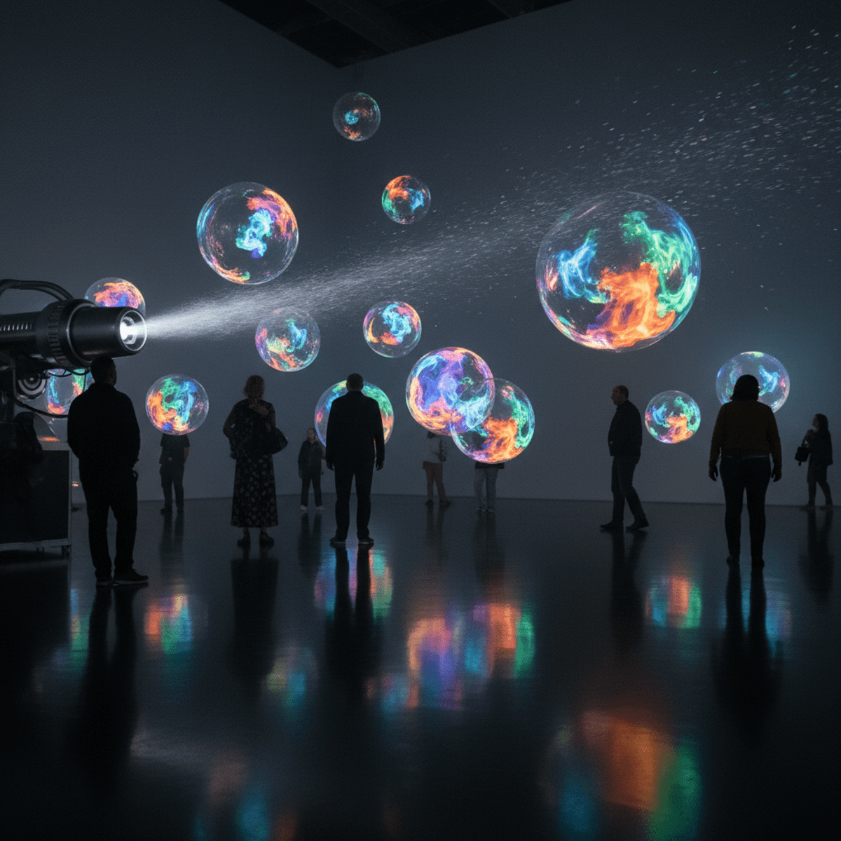 Art installation with fog bubbles reflecting abstract colors in a dim, cinematic gallery.