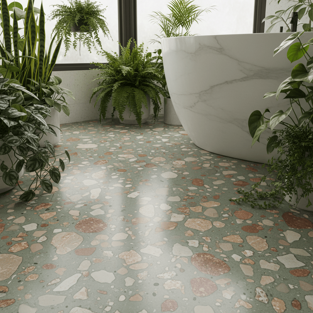 Close-up of biophilic terrazzo flooring with large botanical aggregates in earthy tones.