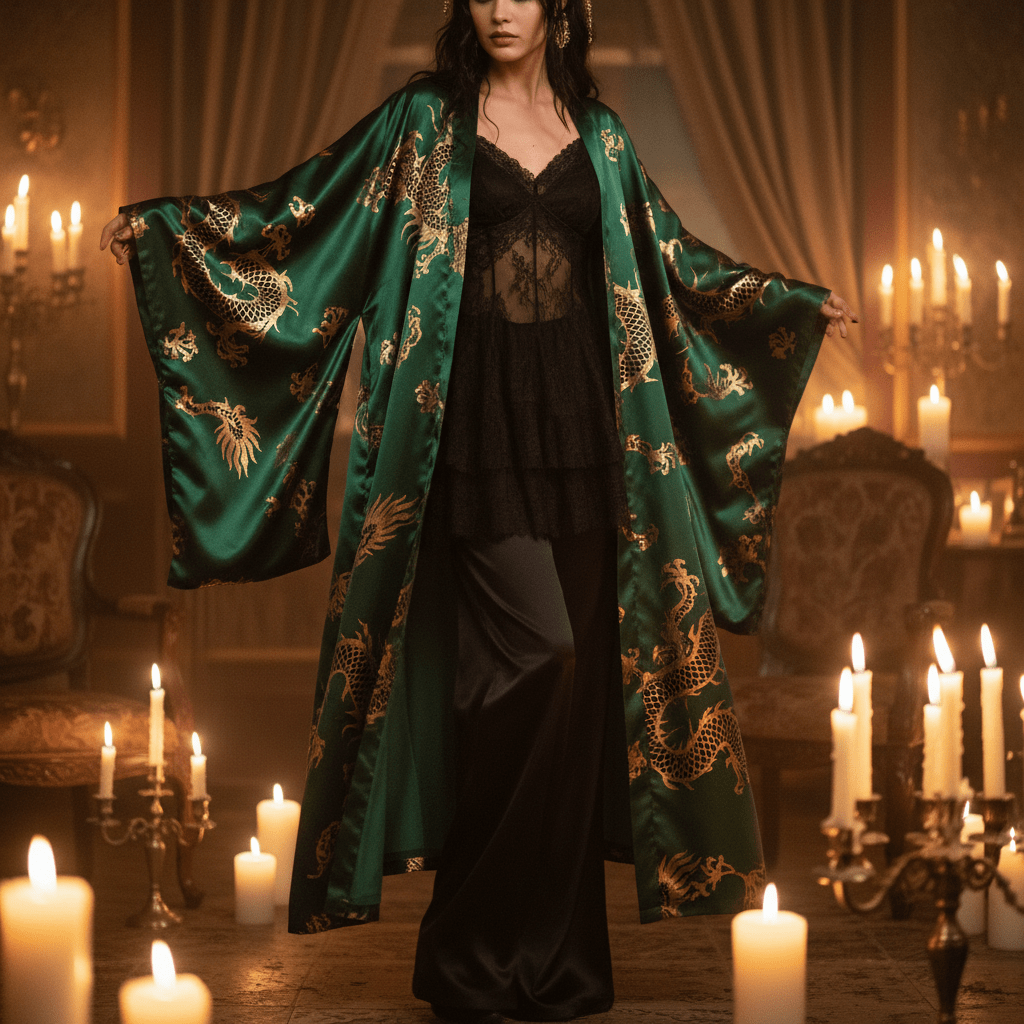 Woman in opulent opiumcore silk kimono with dragon motifs in a candlelit room.