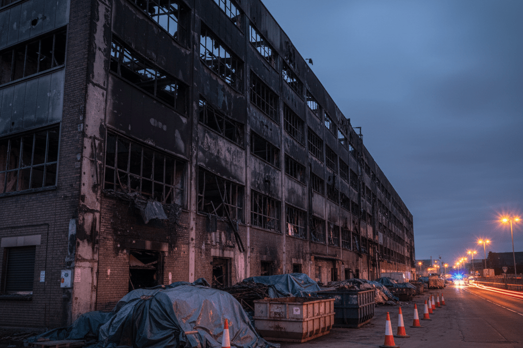 Wide shot of a burned industrial warehouse under dim evening lighting, surrounded by cleanup materials, emphasizing recovery after disaster
