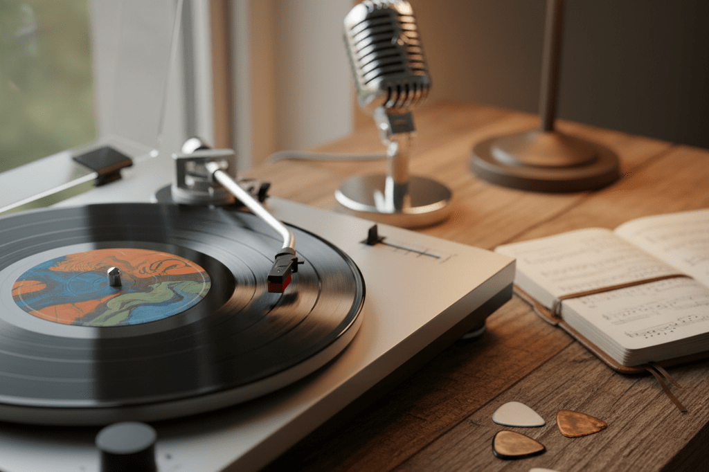 Close-up of a spinning vinyl record player surrounded by creative tools under soft natural light, representing hybrid music production