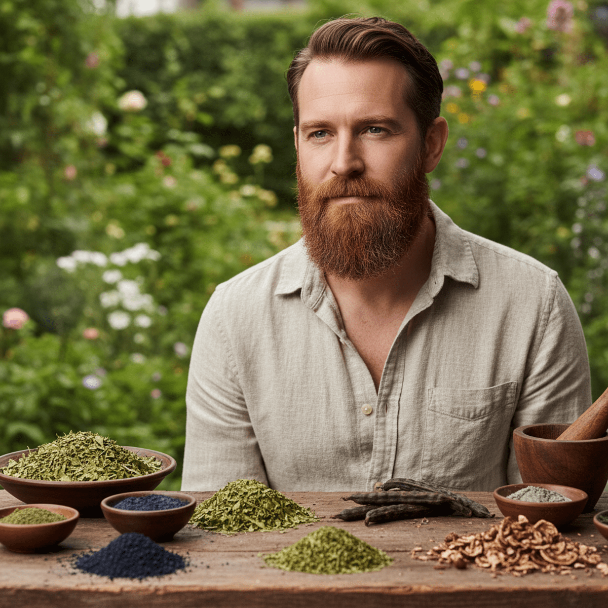 Man with natural beard dye ingredients including henna, indigo, and walnut hulls.