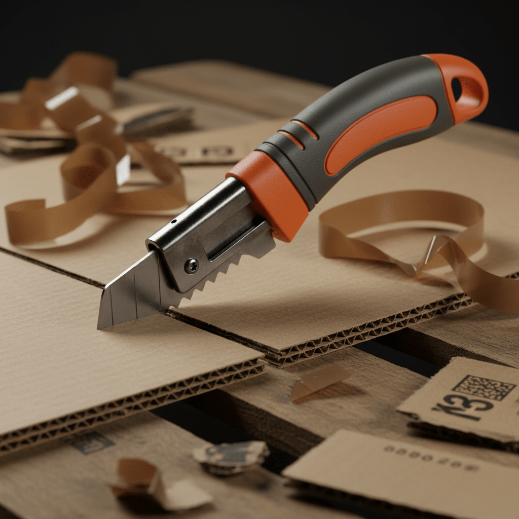 Heavy-duty utility knife with serrated blade cutting thick corrugated cardboard.
