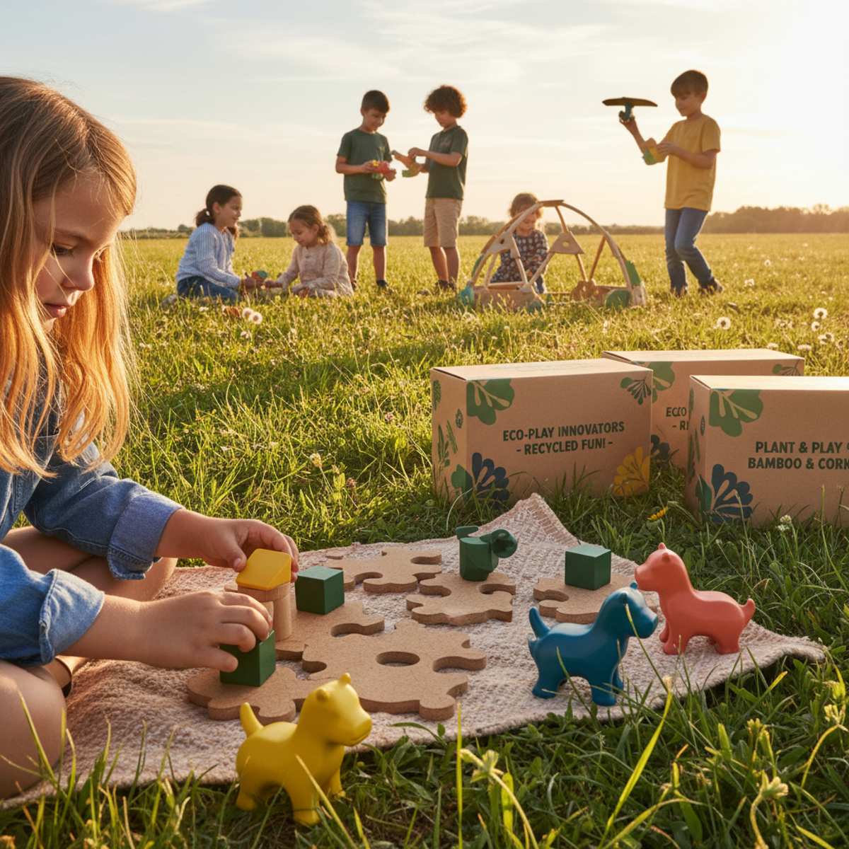 Children playing with sustainable eco-toys made from reclaimed ocean plastic and bamboo.