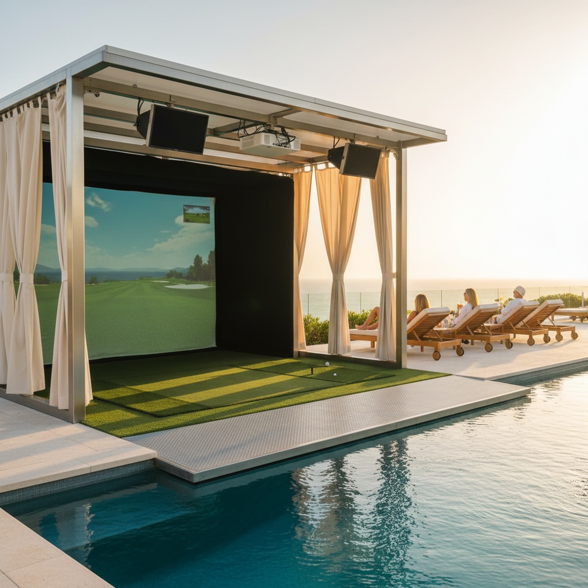 Luxury cabana with golf simulator and infinity pool at golden hour.
