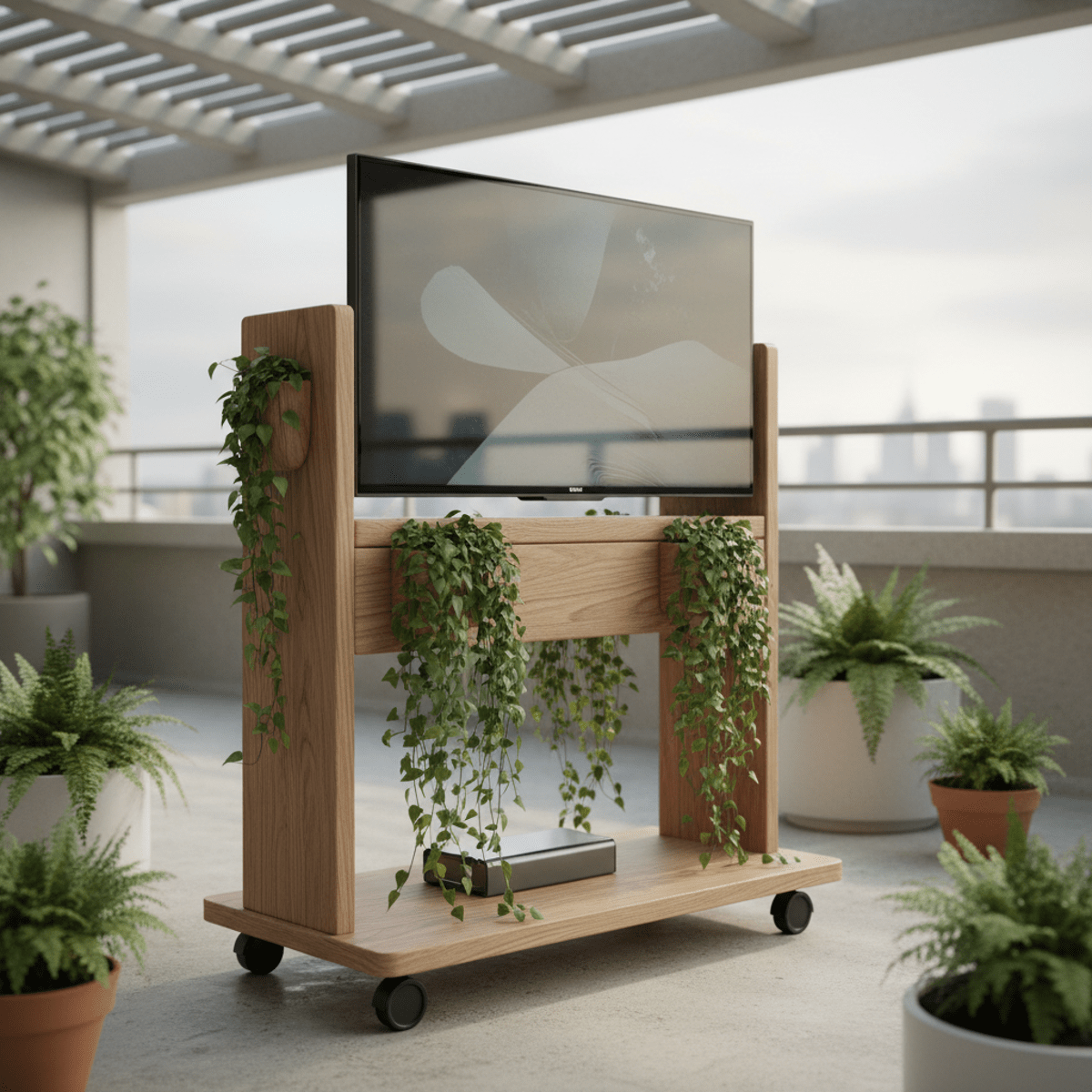 Sleek portable TV on wheels with natural wood planter stand on a balcony.