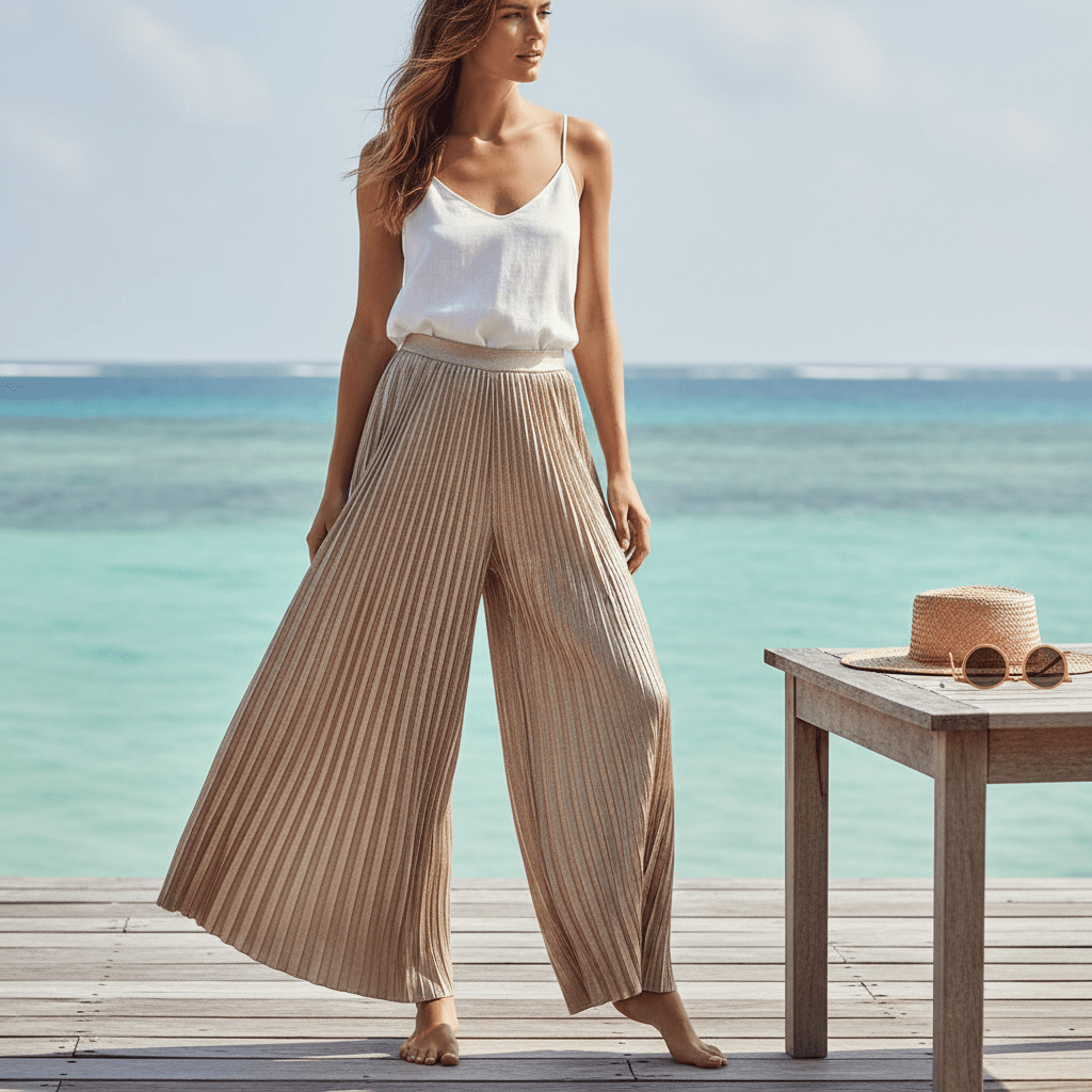 Wide-leg plissé pleat pants in champagne metallic catch sunlight on a wooden deck.
