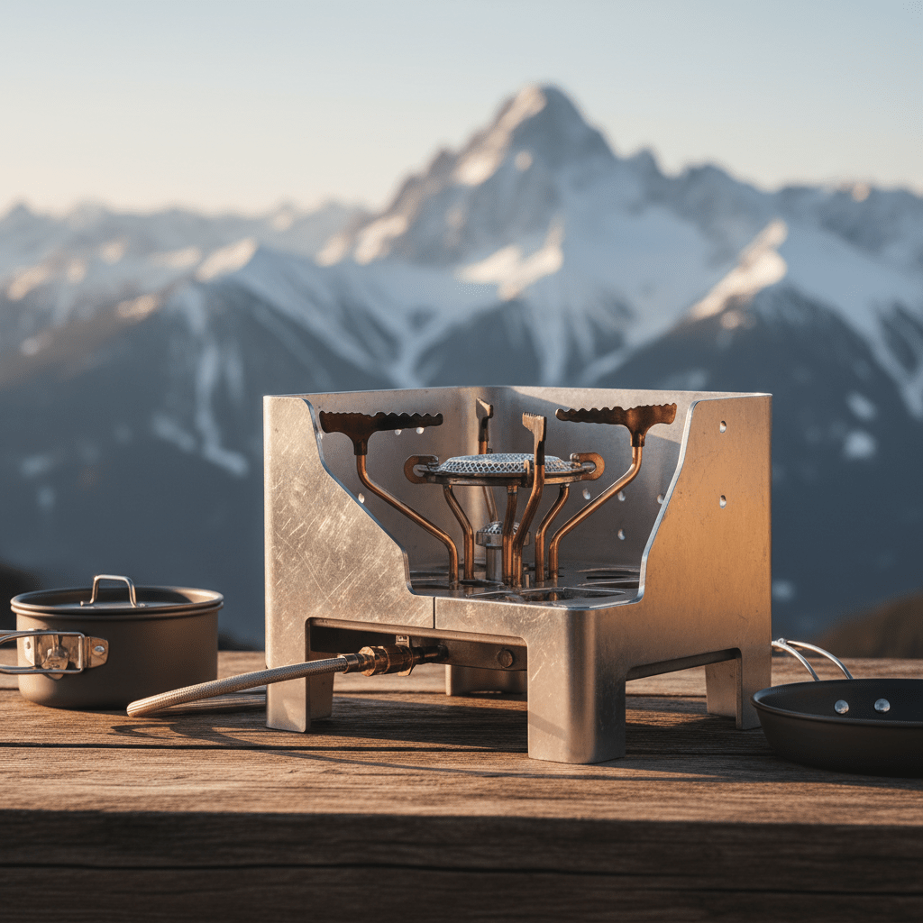 Minimalist portable gas range on a wooden table with snowy mountains backdrop.