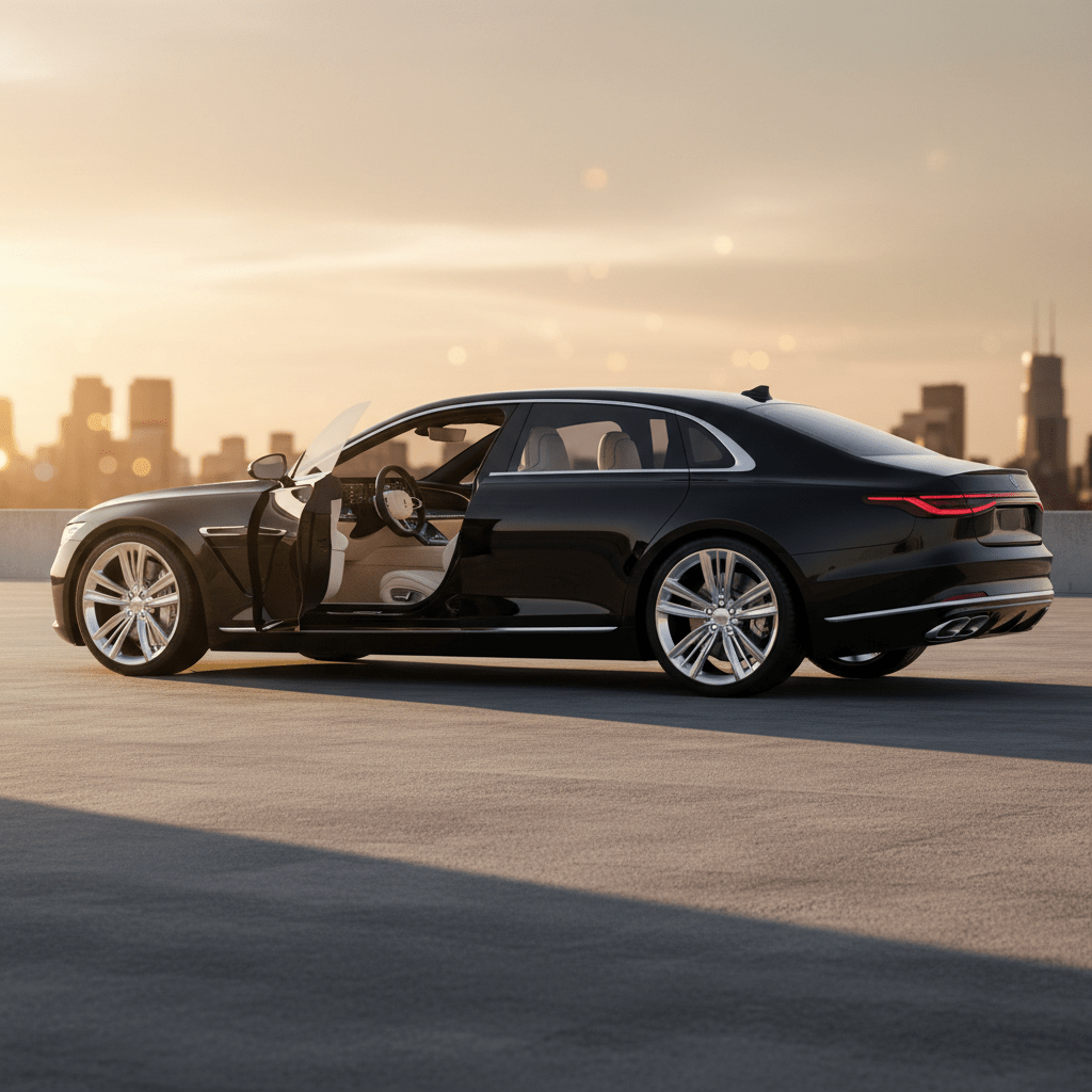 Sleek modern sedan on a minimalist rooftop at golden hour, featuring a glossy black finish.