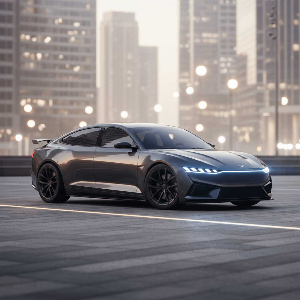 Sleek sport sedan with LED glow parked in a modern urban plaza at dusk.