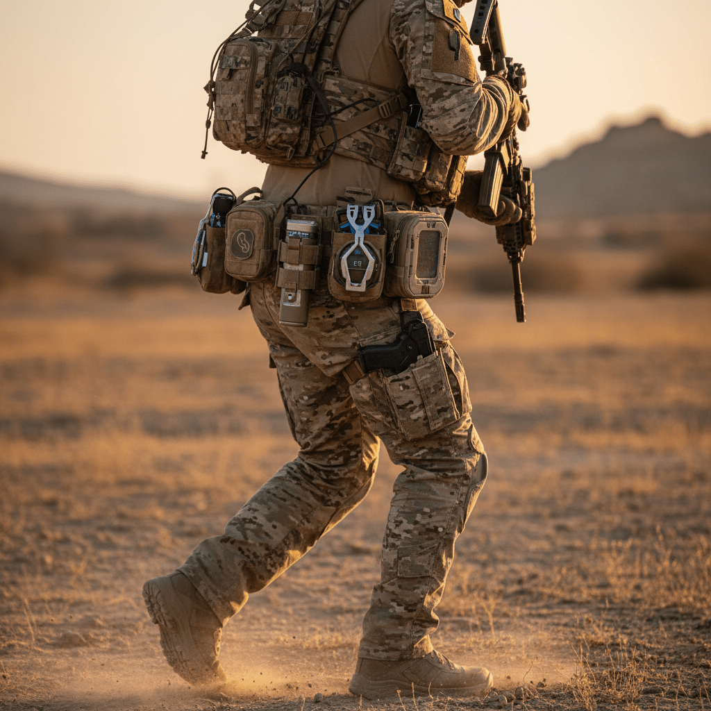 Airsoft player in tactical gear with grenade pouches on a battle belt.