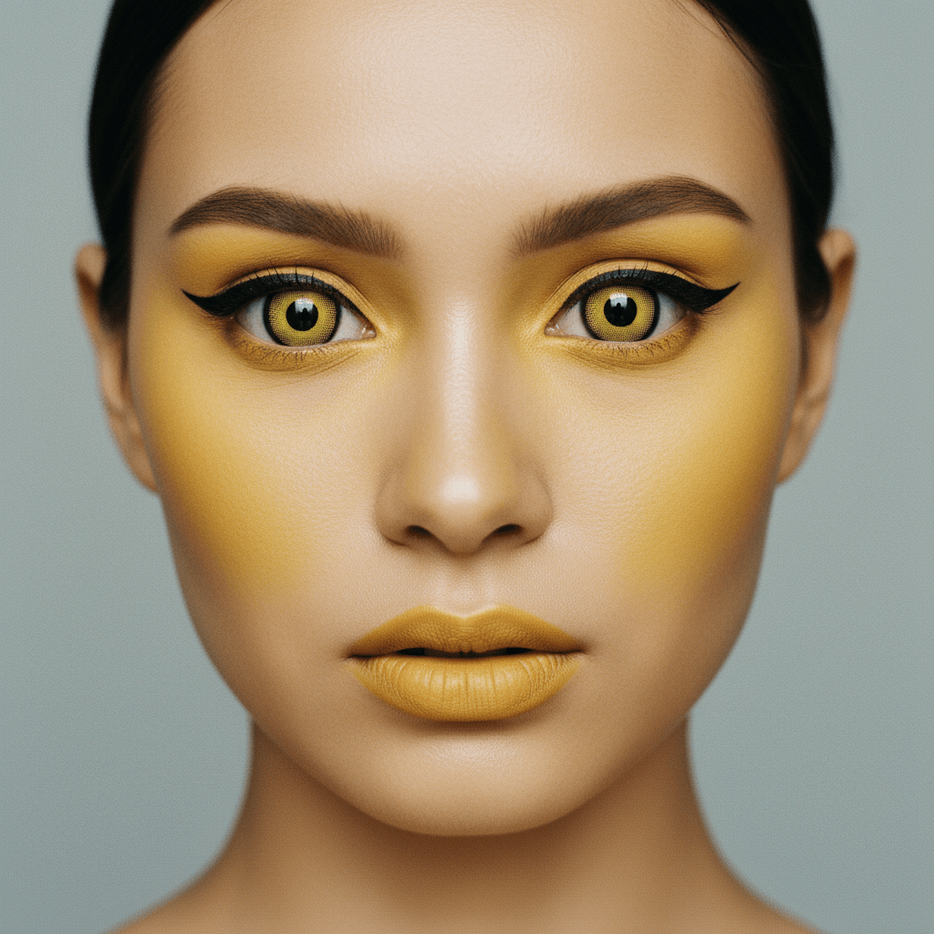 Model with bold canary yellow opaque contact lenses and graphic black eyeliner.
