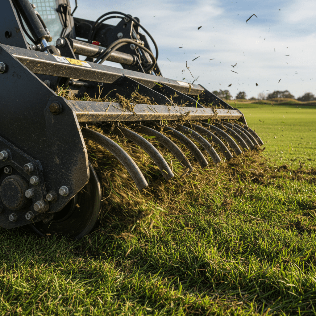 Power rake tearing through compacted turf, lifting dead grass to reveal healthy green.