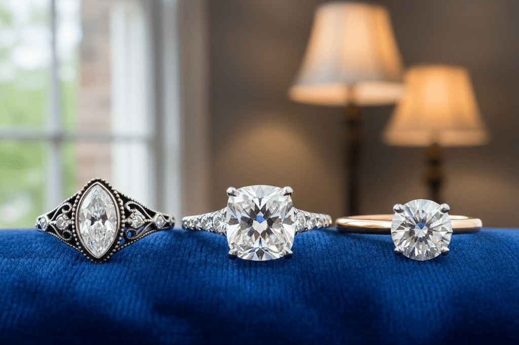 Close-up of three unique engagement rings on velvet under warm lighting, highlighting modern custom jewelry styles