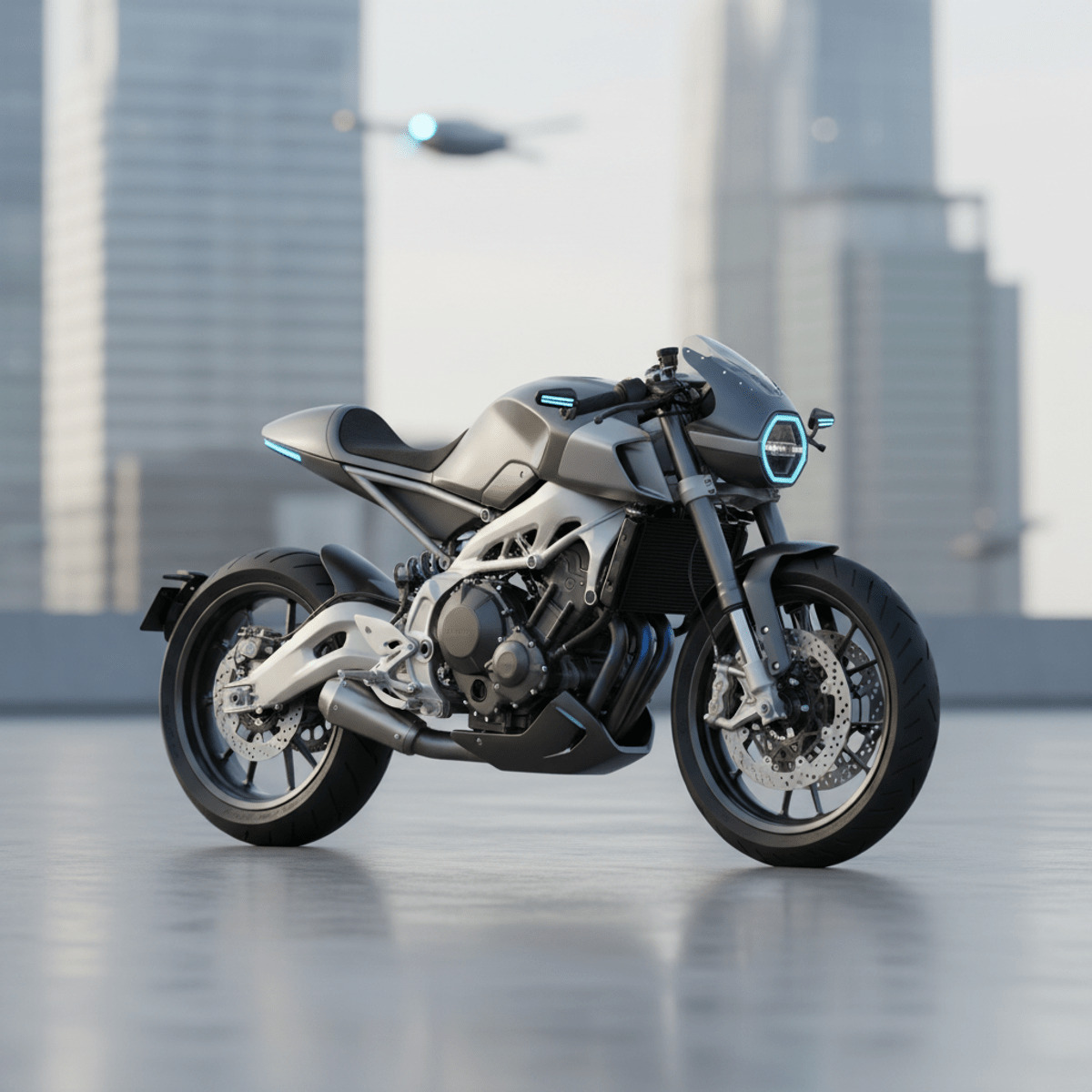 Sleek 2026 café racer motorcycle with metallic graphite finish. Futuristic 2026 café racer motorcycle with sculpted tank and minimalist seat cowl.