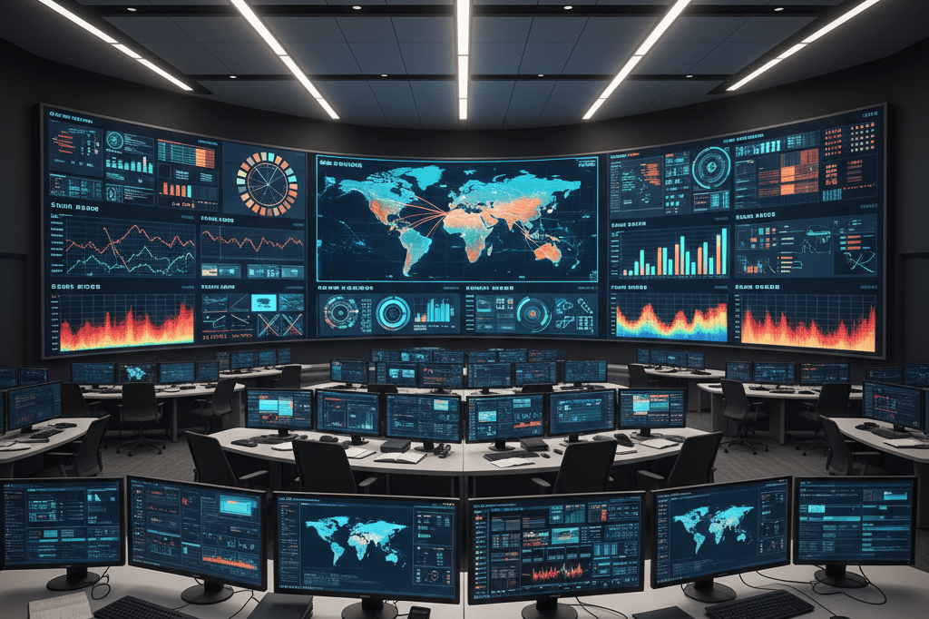 Digital screens in a logistics control room display real-time global shipping data and heatmaps under warm ambient lighting