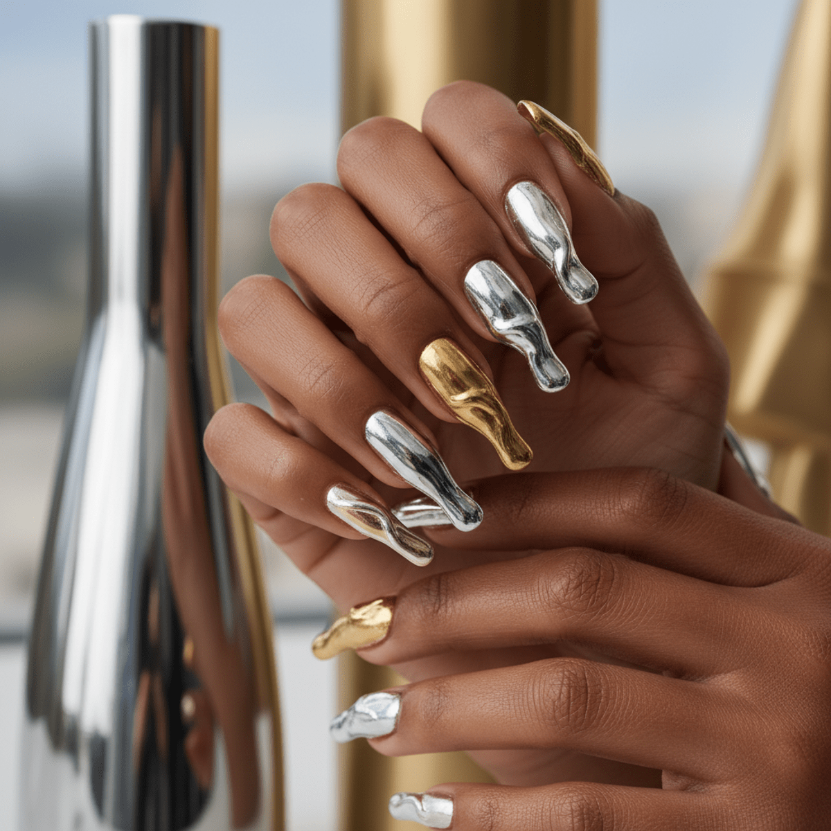 Elegant hands display 2026 nail trend with gravity-defying molten liquid metal drips.
