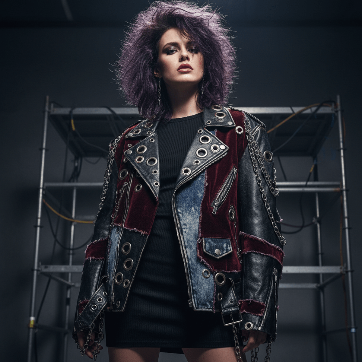 Oversized deconstructed leather biker jacket with mixed media, vintage denim, and velvet.