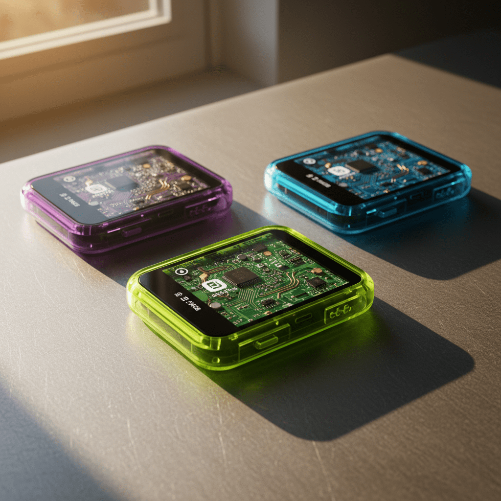 Electric lime translucent mp3 player shows internal circuitry alongside blue and purple variants.
